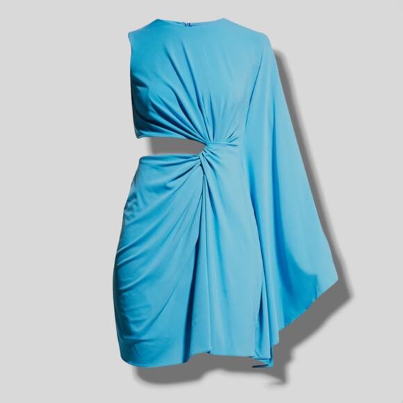 Halston Mini Dress Cutout Drape Sleeve Light Blue Size 10 Elegant Cocktail - Picture 5 of 7